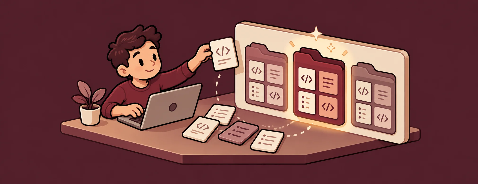 A cartoon developer with a laptop organizing code files into three feature folders on an isometric platform, in warm burgundy and sand tones.